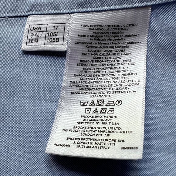 Brooks Brothers Size 17 34 Blue Regent Non Iron Supima Cotton Button Up Shirt - Picture 3 of 12